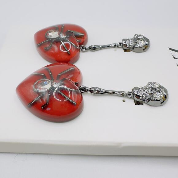 ZARA Halloween Earrings Red Lucite Gothic Heart Spider Crystal Drop Dangle NEW - Picture 3 of 8